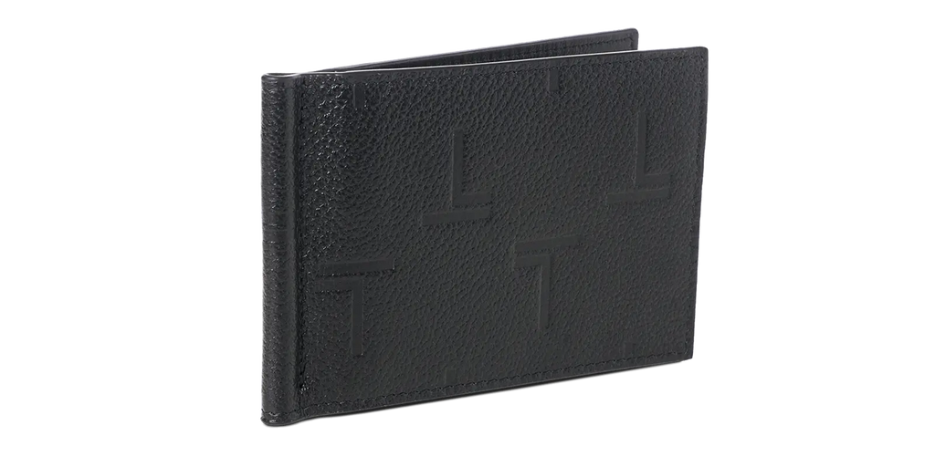 A black lambskin Trevony Intimo bill clip wallet with embossed monogram design, featuring a bill clip.