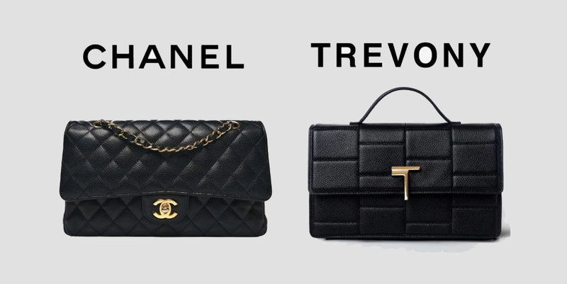 Two black handbags, one labeled 'Chanel' and the other 'Trevony', on a light gray background.